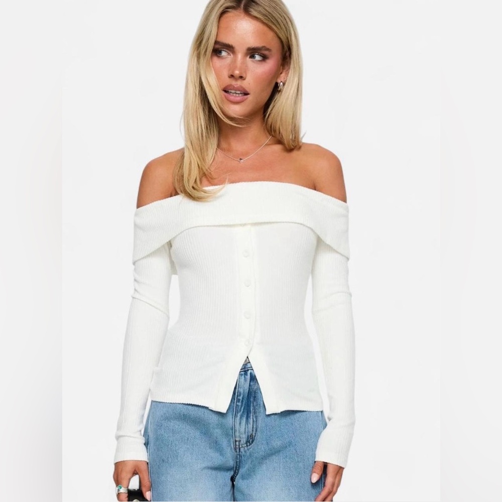 Princess Polly Off-the-Shoulder White Ribbed Button-Up Sweater Women’s XS / 2 - Picture 2 of 8